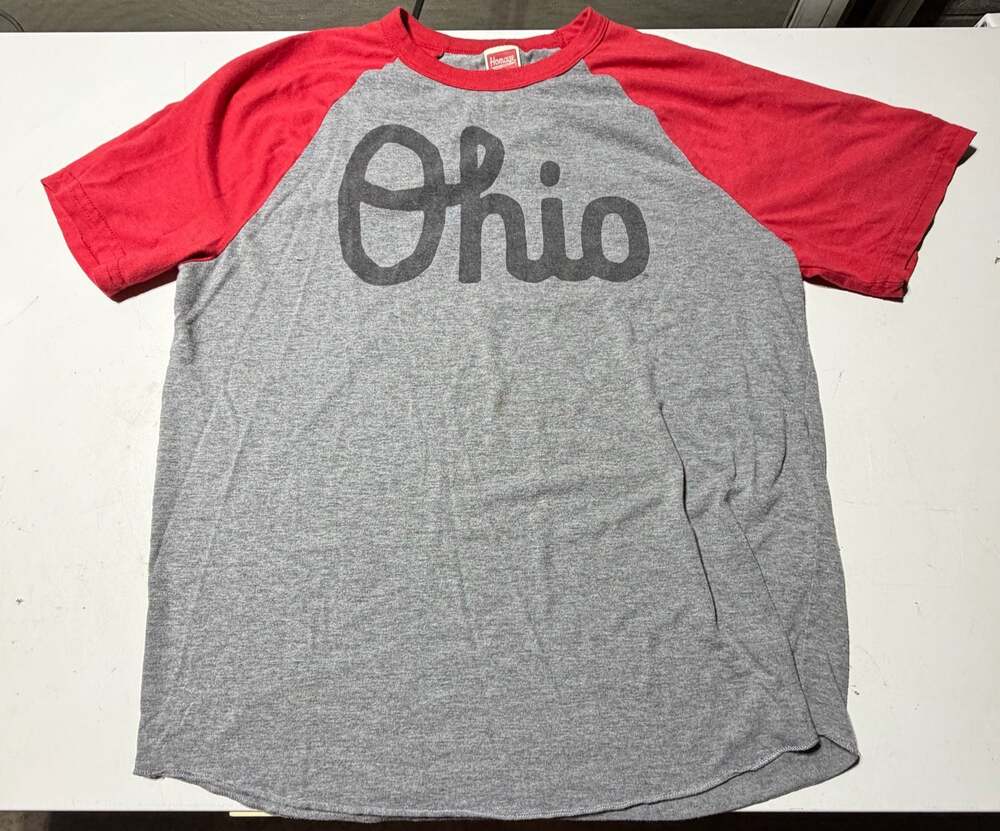 Homage Script Ohio Outline Short Sleeve Red Gray Raglan Shirt